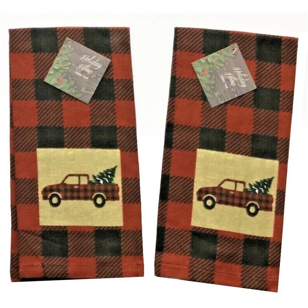 Christmas Red Farm Truck Kitchen Dish Towels Buffalo Check Cabin Lodge Set of 2
